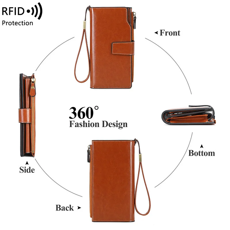 Western RFID Blocking PU Leather Women Wallet Multifunction Large Capacity Detachable Strap Purse for Ladies