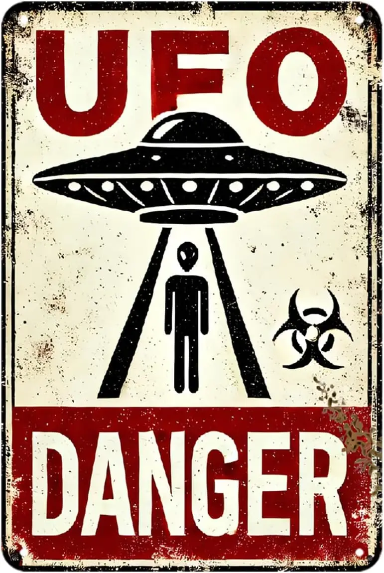 UFO Abduction Warning Vintage Alien Metal Sign Suitable for garage bar home decoration 8 x 12, easy to hang