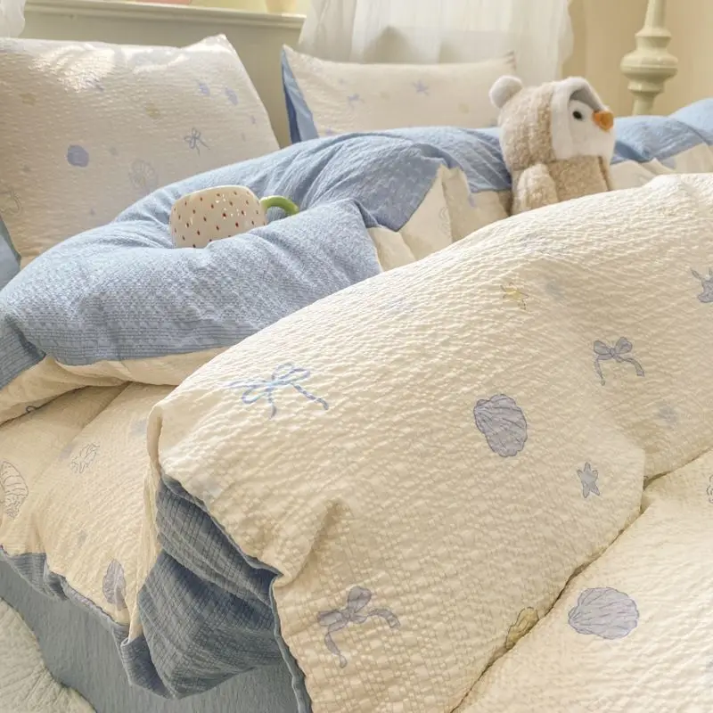 A-Class Puff Double-Layer Yarn 4-Piece Bedding Set - Breathable All-Season Dorm/Washable Cotton Soft & Comfortable