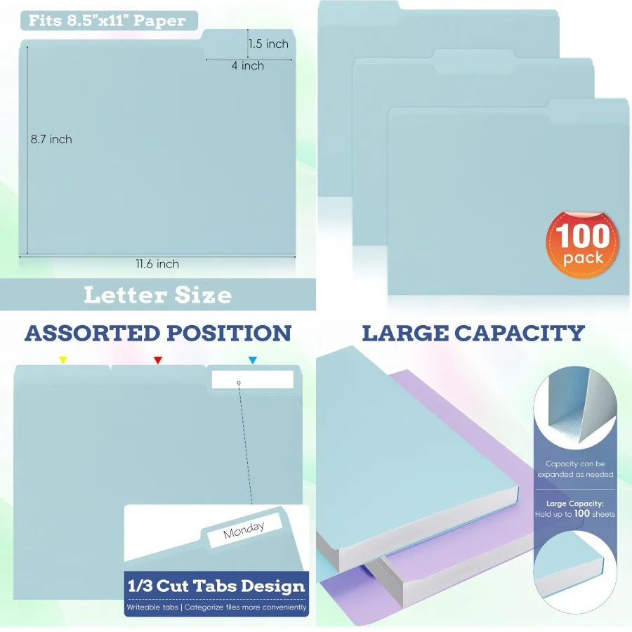 

100 Packs File Folders Letter Size 8.5 x 11 Colored File Folders with 1/3 Cut Tab for Easy Labeling Ideal for Organizing Docume