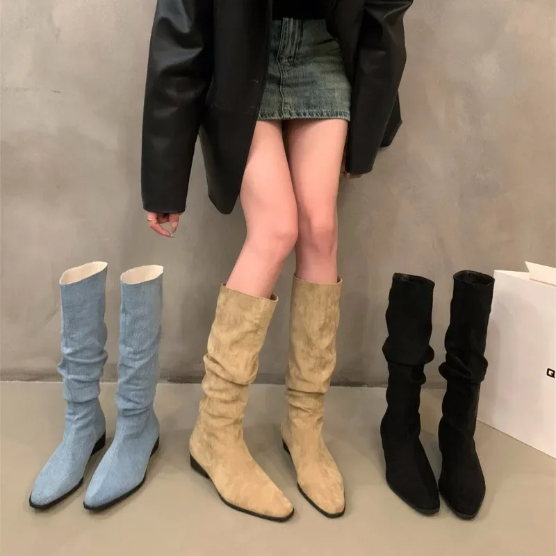 Buty damskie 2024 Fashion Sleeve Women Boots Autumn Winter Pointed Toe Denim Solid High Tube Chunky Heels Boots Zapatos Mujer