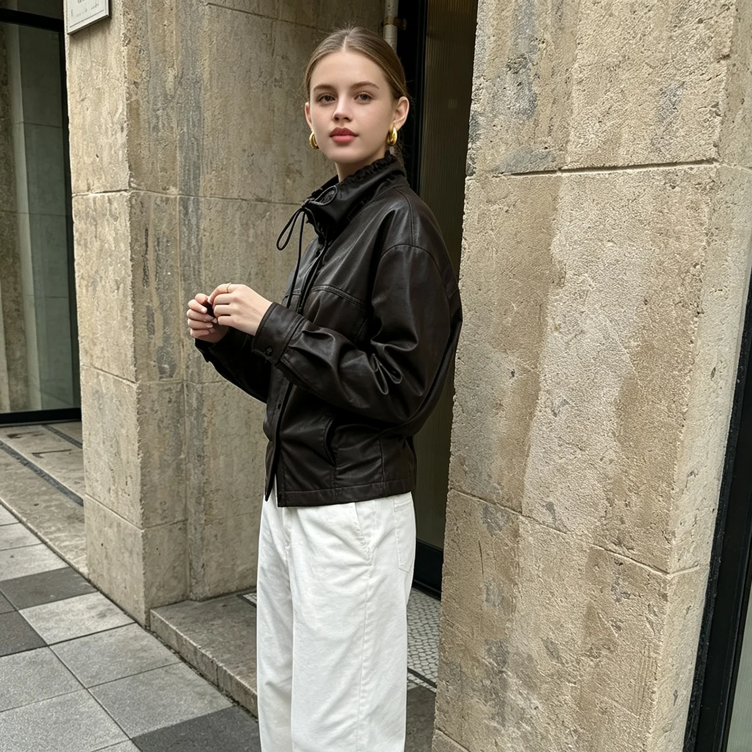 PUAL  2026 Women Faux Leather Jacket, Drawstring Ruffle Stand Collar, Button Down Short Coat, Loose Casual Retro  Outerwear