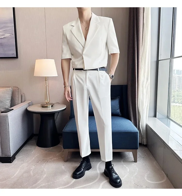 Summer Suit Men Slim Fit Fashion Social Mens Dress Suit Korean Two-piece Set Short Sleeve Blazer Pants Mens Office Formal Suits