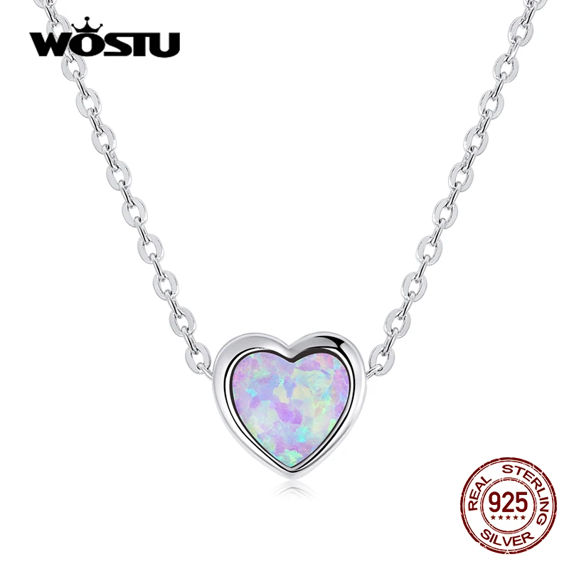 WOSTU Real 925 Sterling Silver simple Style Shining Opal Heart Pendant Choker Necklace For Women Jewelry Gift CQN471