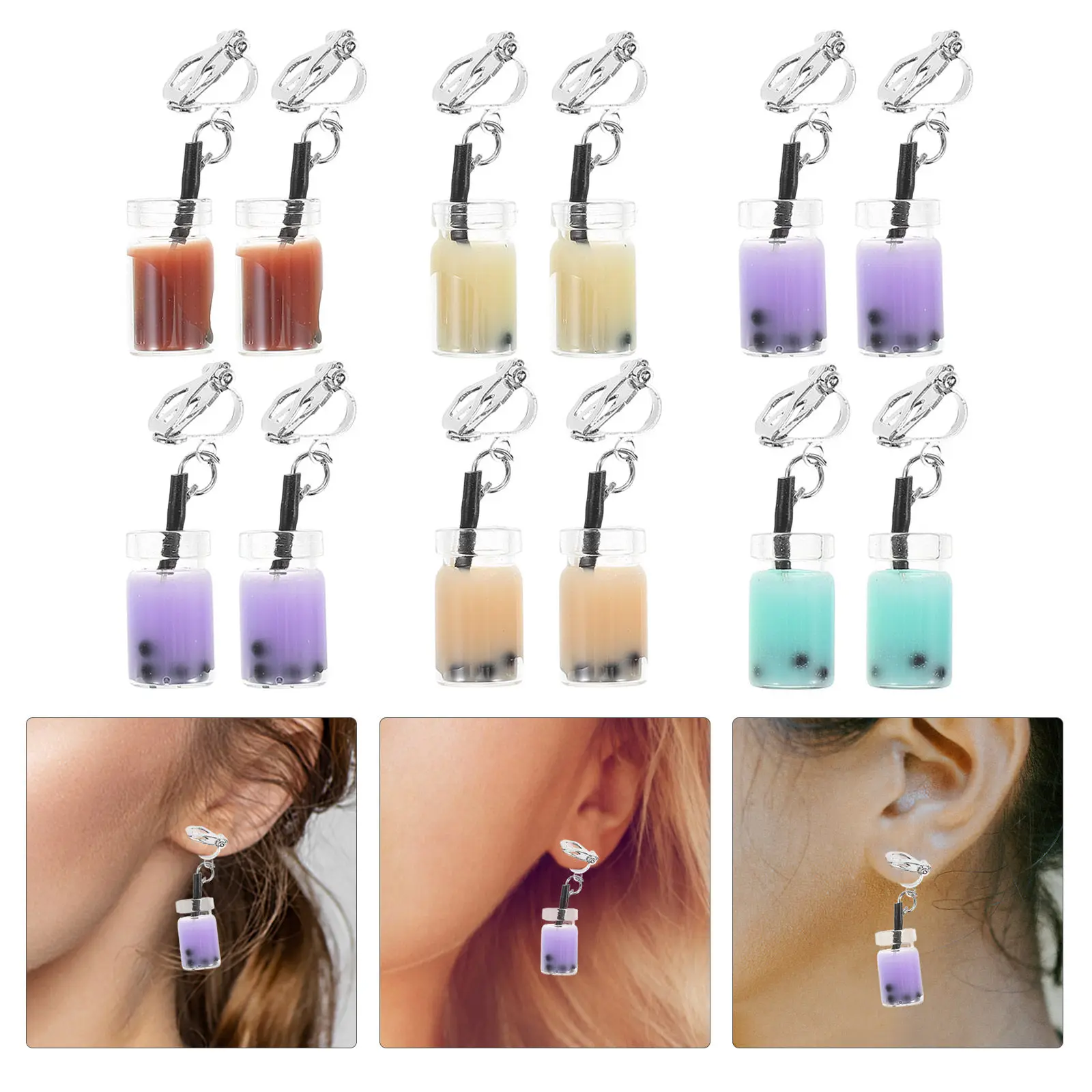 6Pairs Creative Milk Tea Ear Pendant Danglers with Pearl Accent Cartoon Drink Earrings for Party Valentine Birthday Graduation