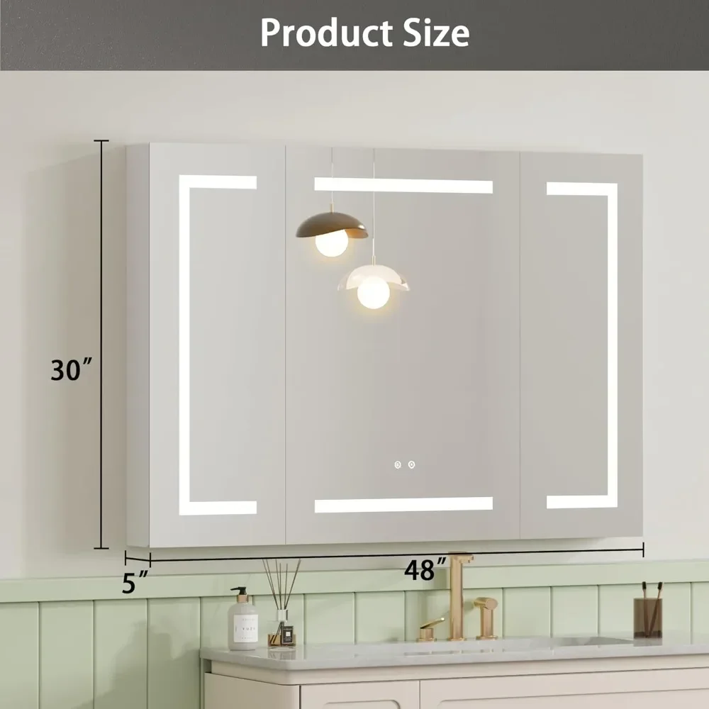 Medicine Cabinet with LED Mirror for Bathroom, 30''x48'' Aluminum, Wall Mounted Surface led Medicine Cabinet, Defog