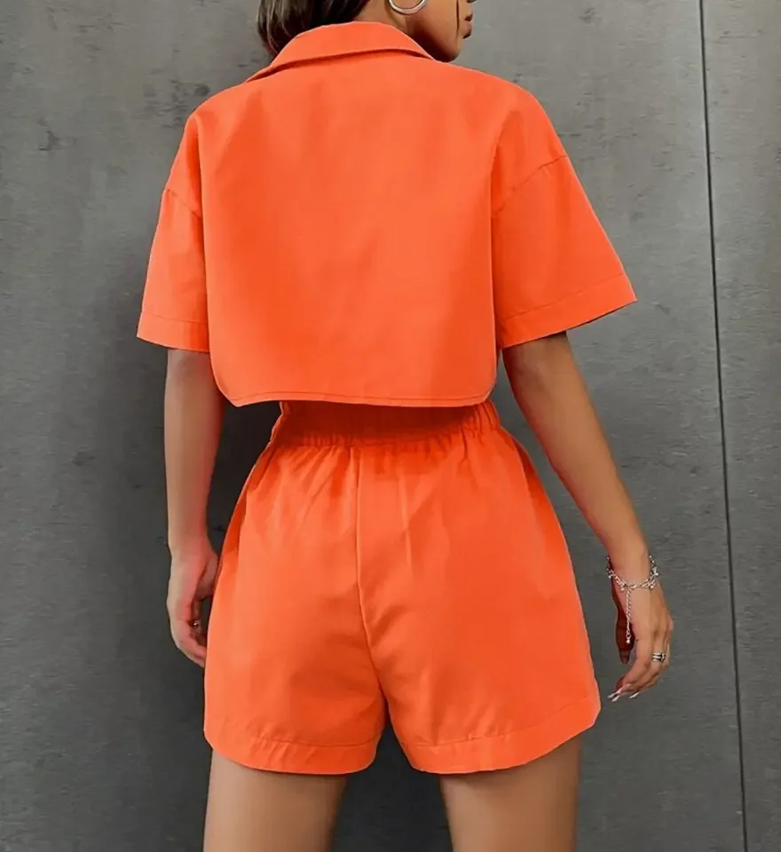 

Summer New Slim Two Piece Set 2025 Fashion Solid Color Lapel Single Breasted Short Top Elastic Waist Shorts Set For Women
