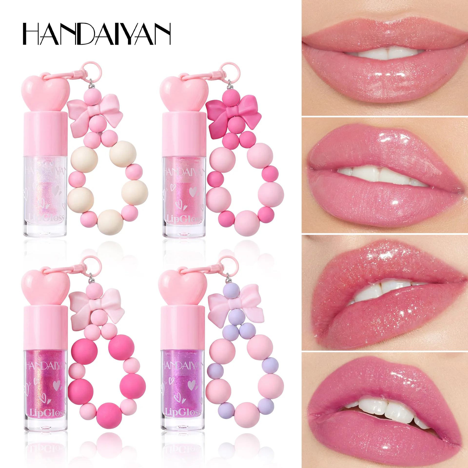 Heart Shape Lip Gloss with Bow Keychain Moisturizing Shimmer Long Lasting Sparkle Fine Glitter Portable Cute Gift