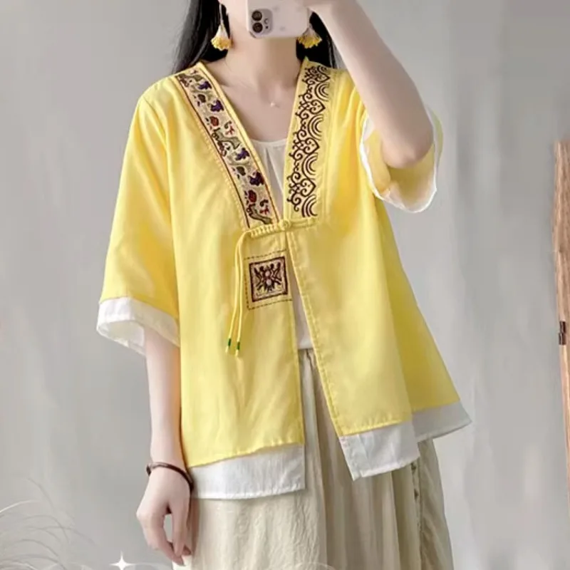 Summer Chinese Retro New Patchwork Embroidery V-Neck Women\'s 2024 Solid Color Fashion Elegant Loose Casual Half Sleeve Shirts