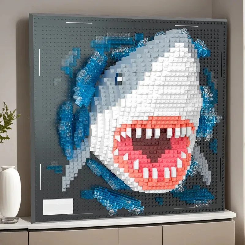 3D requin monstre tête murale blocs de construction briques bricolage Animal pendentif décoration murale tenture murale Sculpture décor à la maison jouet cadeau