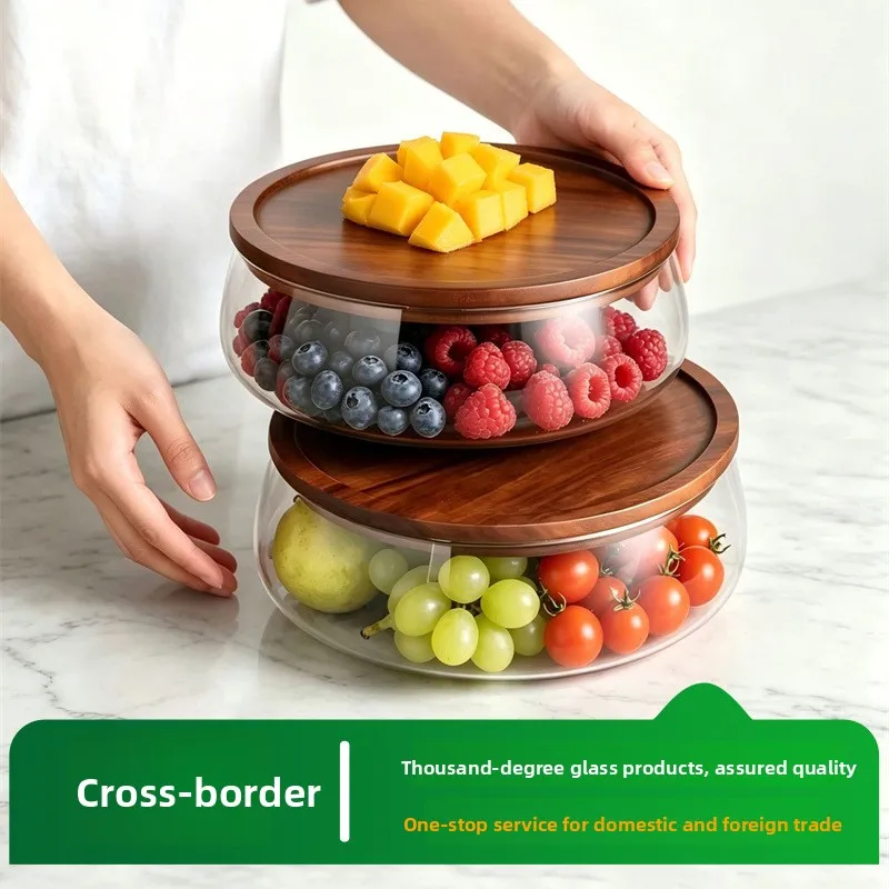 Multi-purpose glass fruit tray wooden cover tray, household snack storage jar, nut and melon seed storage box fruit basket