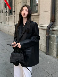 New in Spring Autumn Fashion Elegant Pu Coat Lapel Office Luxury Jacket Long Sleeve Tops  Formal Blazers Slim Fit Flap Pockets