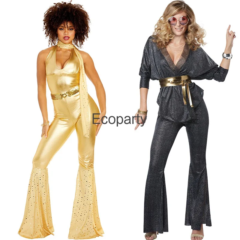 Halloween Purim Hippie Kostuum Voor Vrouw Goud Vintage Jaren 70 Disco Podium Performance Dance Jumpsuit Vrouwen Hippies Cosplay Outfits