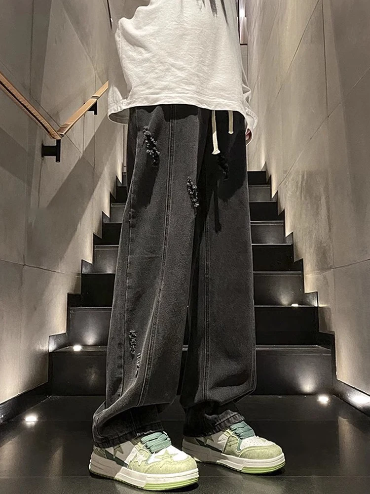 

Casual Loose Wide Leg Dstring Straight Cut Jeans Men's Bla ey Ripped American High Street Large Size Denim Pants