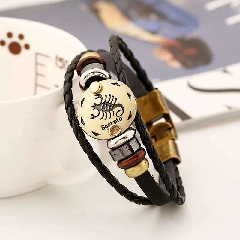 Vintage 12 Constellations Leather Bracelet Zodiac Horoscope Braided Bangle for Men Women Charm Wristband Accessories Xmas Gifts