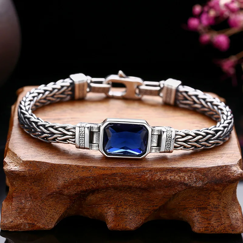 925 sterling silver hand-woven bracelet thick type men's blue zircon trendy Thai silver retro distressed ornament