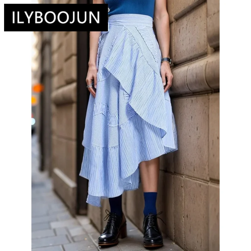 

ILYBOOJUN Striped Ruffle Trim Skirt For Women High Waist A Line Irregular Hem Casual Skirts Female Clothes Summer Fashion New