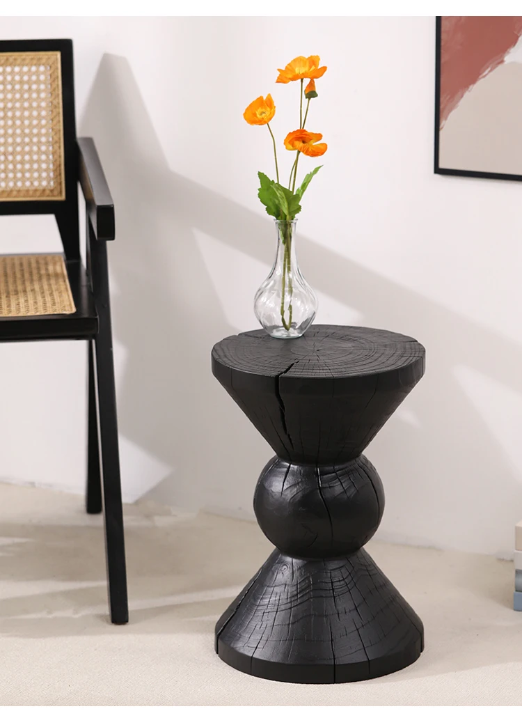 Wabi-Sabi Charred Wood Side Table Handcrafted Tree Stump Stool with Natural Texture Bedside Coffee Table for Home Decor