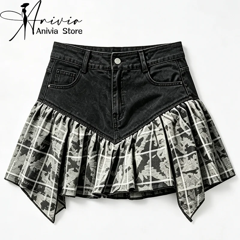 Women's Black Spliced Casual Mini Skirt Y2K Gothic Harajuku High Street Japanese Aesthetic College Vintage Denim Skirt Clothing