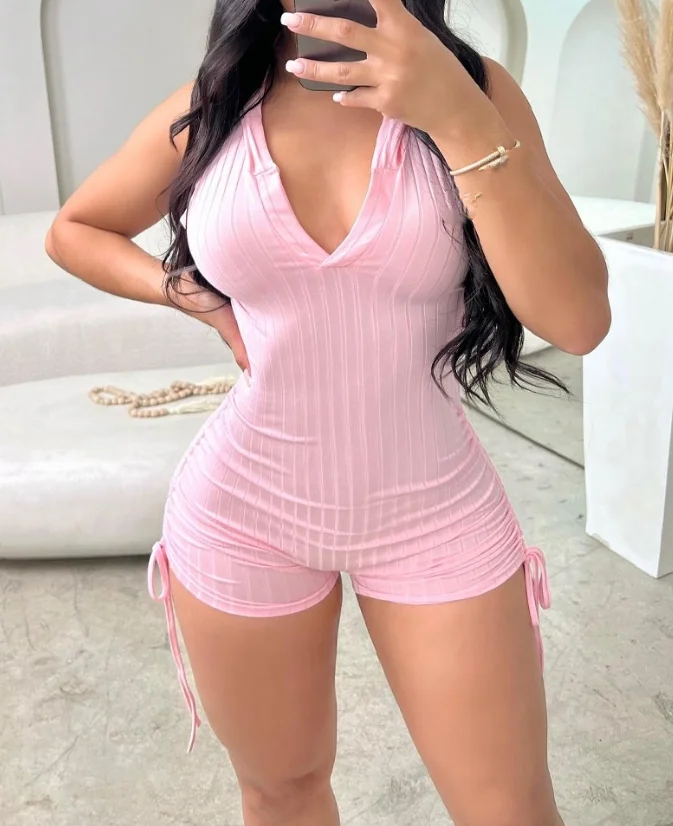 

Good Girl 2024 Summer Fashion Side Drawstring Slim Fit Sleeveless Casual Color Tight Fitting Knee Hooded Jumpsuit In Stock