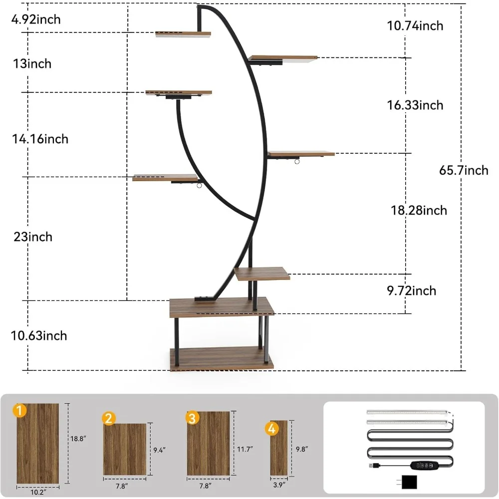 8 Tiered Indoor Plant Stand with Grow Lights, Cable Ties, Safe Strap, 3 Color Mode Full-spectrum LED, 65