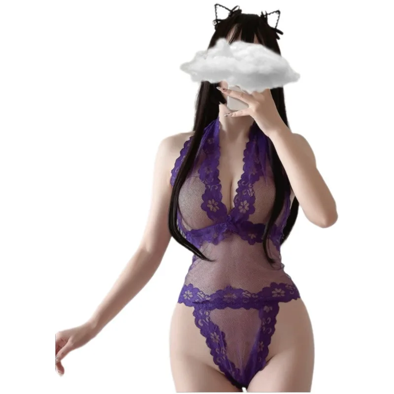 Temptation Transparent Lace Tight Mesh Sexy Purple Flower Backless Short Summer New Bobysuits Women Neck-mounted Strapless YX6R