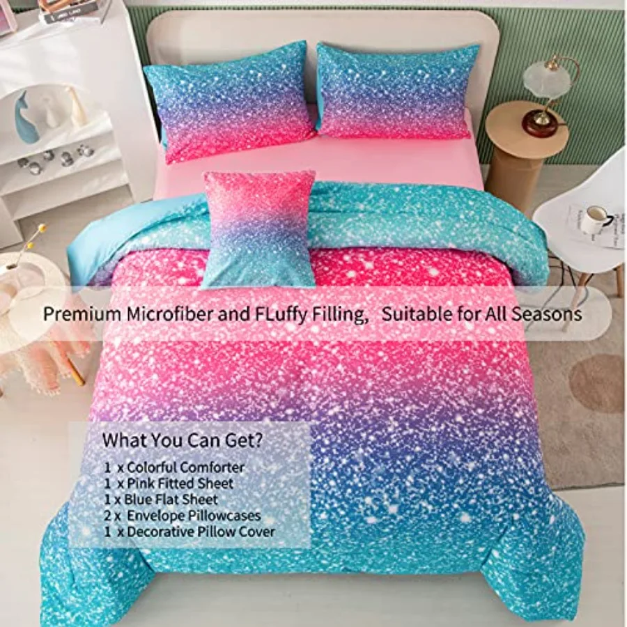 6Pcs Gradient Glitter Bedding Set for Girls Size, Colorful Rainbow All-Season Comforter Set, Ultra Soft Bedding Collections