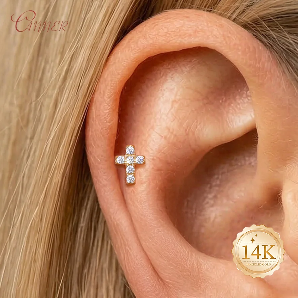 

CANNER 14K Solid Gold Classic And Minimalist Cross Studded Diamond Pierced Earrings Good Luck Wealth Jewelry Gifts For Women