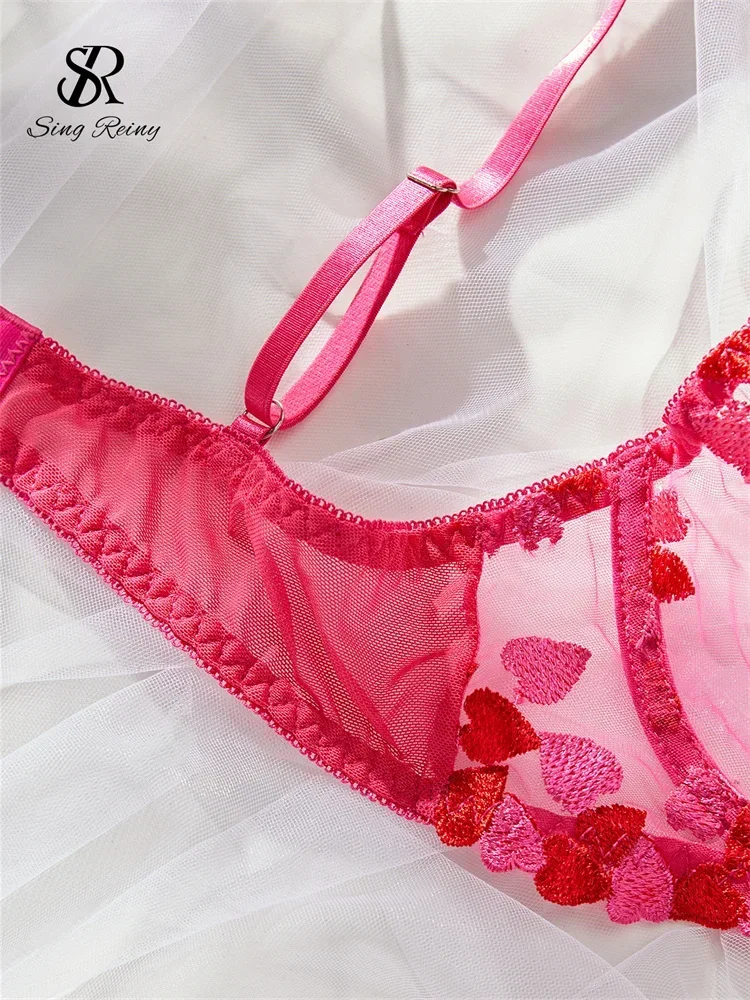 SINGREINY Porno Love Embroidery Sexy Bra&Brief Sets Fashion Sheer Club Sleepwear Women Transparent Sheath Lace Underwear Suits