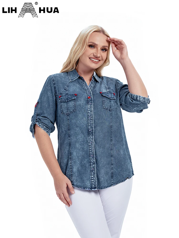 LIH HUA Women\'s Plus Size Denim Shirt Spring Fashion Elegant Shirt For Chubby Women\'s Woven Cotton Shirt