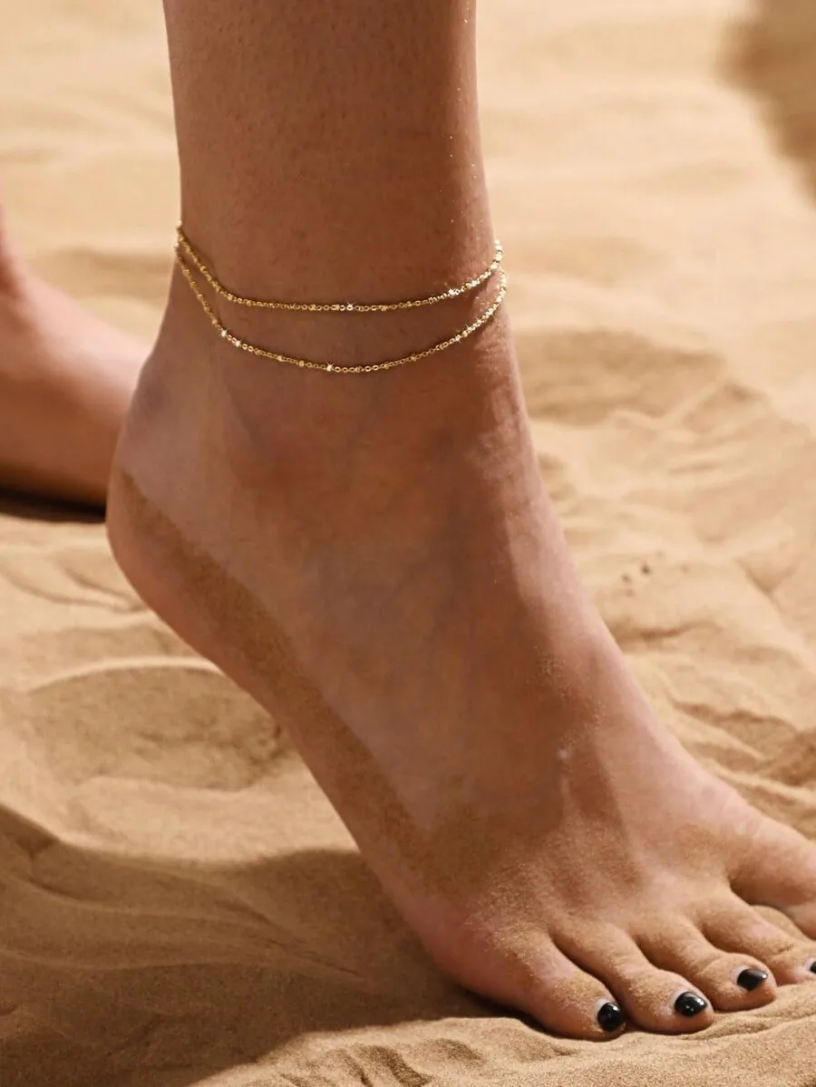 1pc Stainless Steel Double-Layered Stacked Anklet, Bohemian Beach Style Foot Chain, Ideal Gift For Women Valentine's Day Accesso view 2