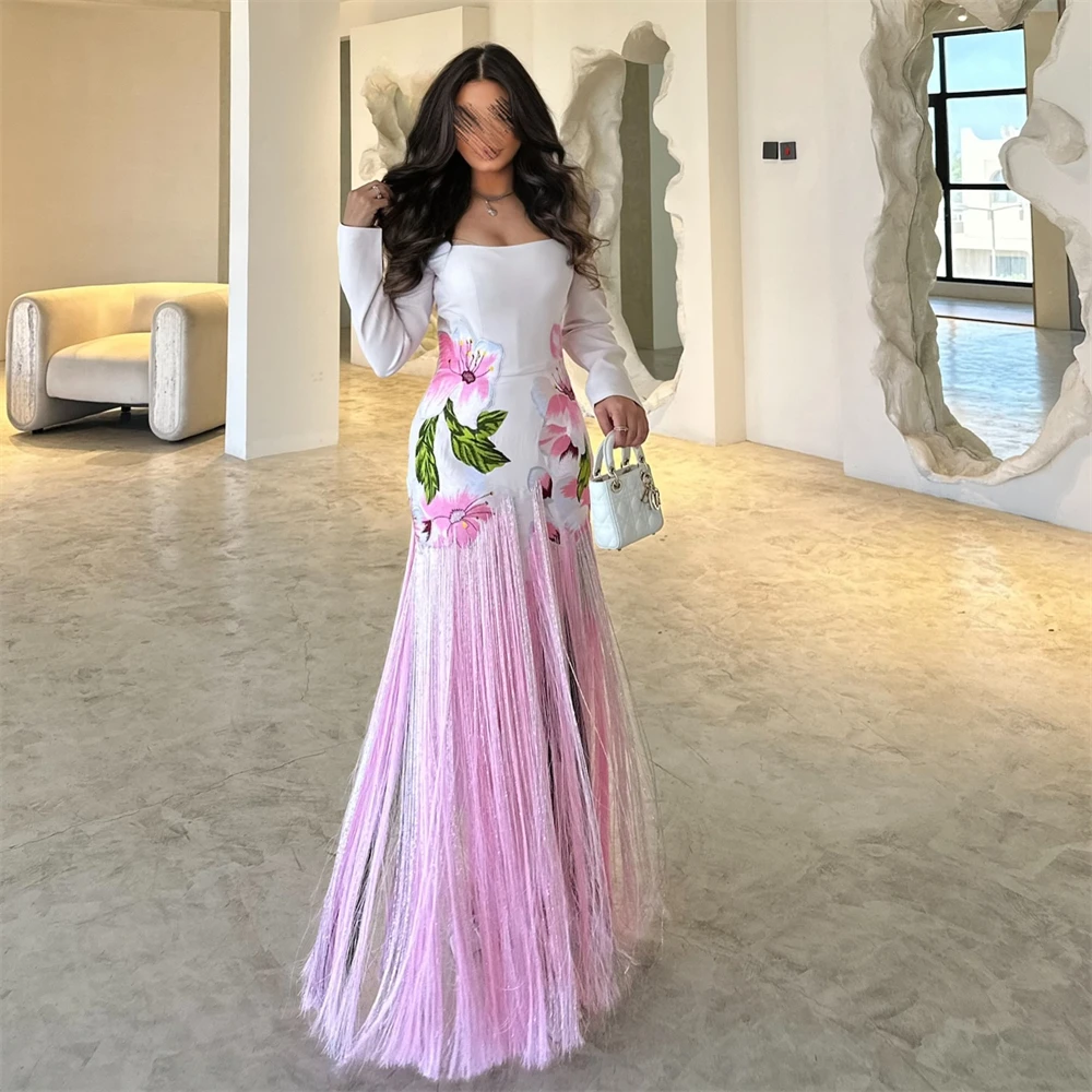 فساتين سهرة جيرسي ساحرة مخصصة، ياقة مربعة رائعة وأكمام طويلة، فستان العودة للوطن، فساتين مناسبة خاصة