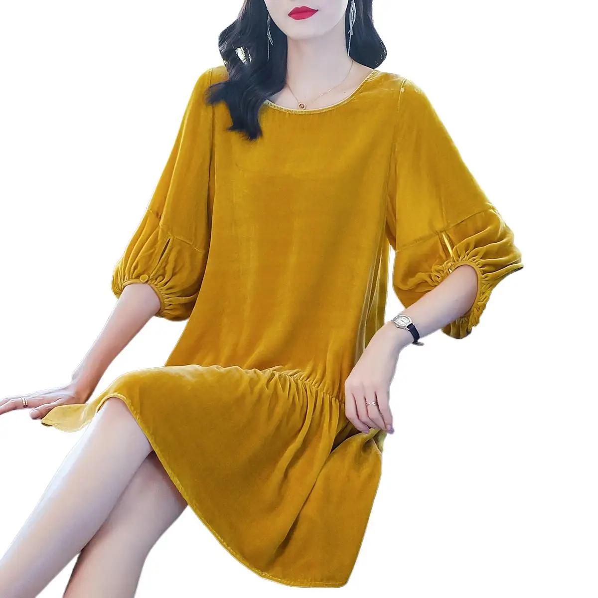 

Fashion casual gold velvet dress New brand Spring Women lantern sleeve velour dresses female Luxury party dress vestidos