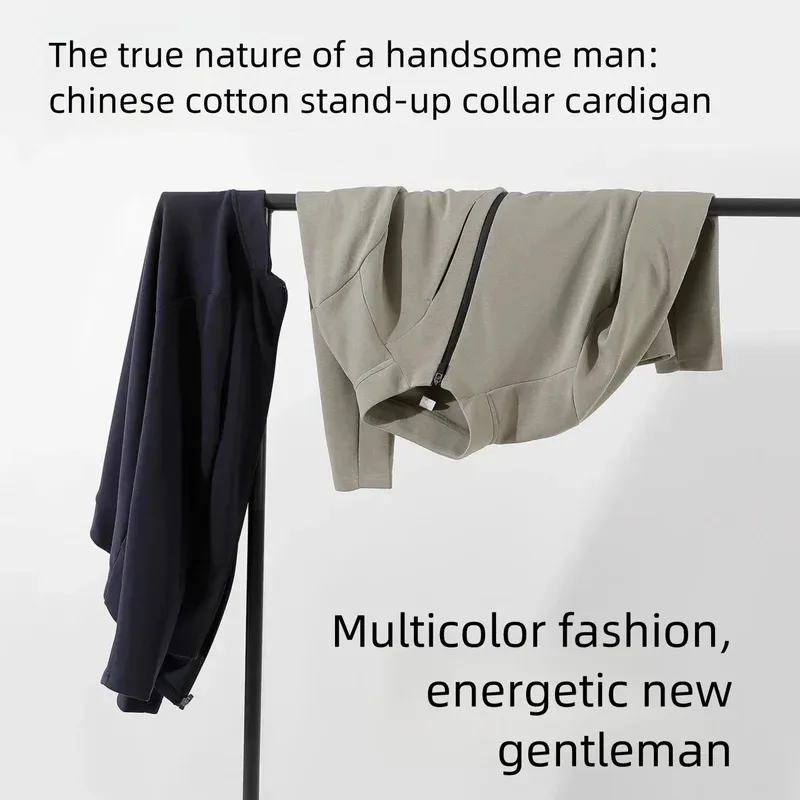 

2025 New style business jacket for men long sleeved top zipper stand up collar cardigan pure cotton clothing
