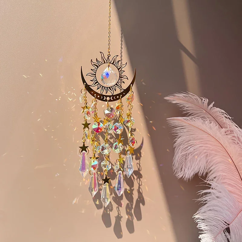 Crystal Suncatcher, Crystal Wind Chimes For Windows Hanging, Sun And Moon Sun Catcher Indoor Outdoor Home Garden Decor