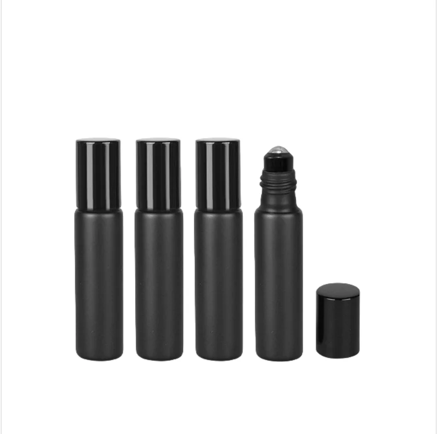24x10ml vidro preto fosco óleo essencial garrafa dividida creme para os olhos garrafa rollerball 1/3oz 10cc preto roll-on recipientes
