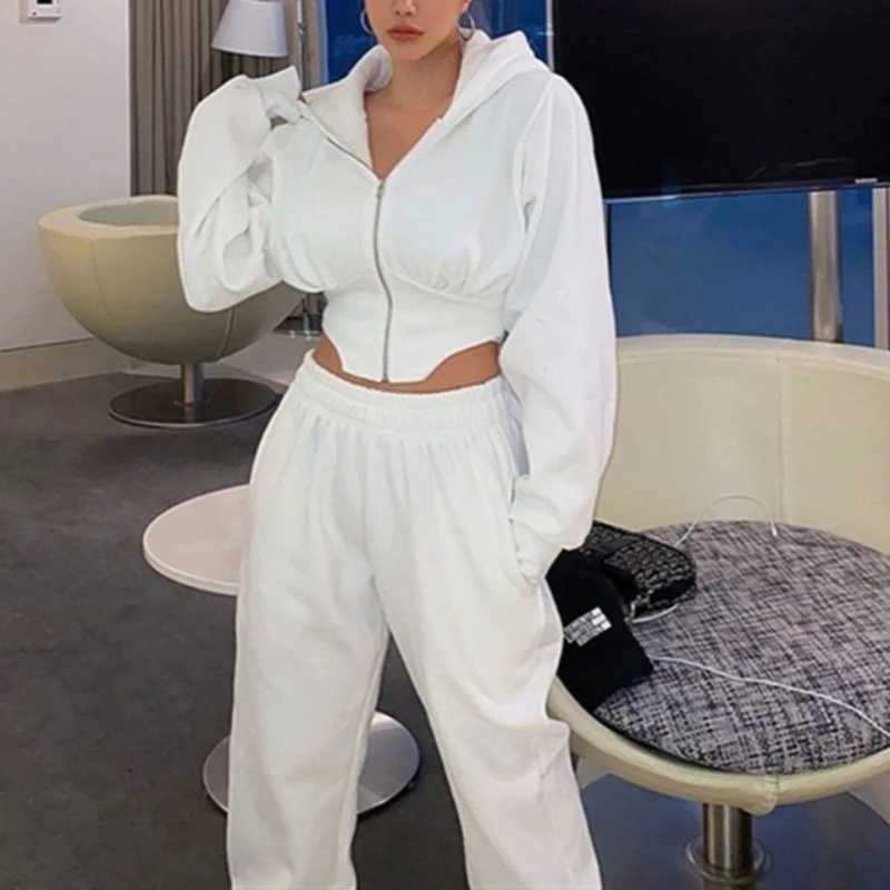 Women's Tracksuits 2piece Set Loose Long-sleeved Hooded Short Sports Jackets with High Waisted Straight Jogging Pants Sweat Suit
