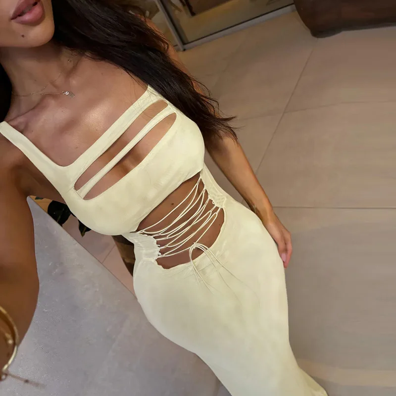 

Summer New Solid Color Sleeveless Sexy Hollow Strap Dress