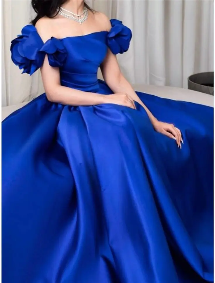 Royal Blue Evening Dresses Satin Long Floor Length Off Shoulder Florals Boat Neckline A Line Formal Party Women Prom Gowns