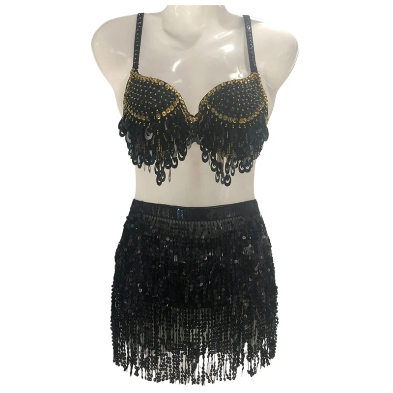 Halloween Damen 2-Teiliges Set Bauchtanz-Kostüm Bralette Top Quasten-Minirock Bauchtanz Jazz Halloween Bühnenauftritt Rave – Detail 3