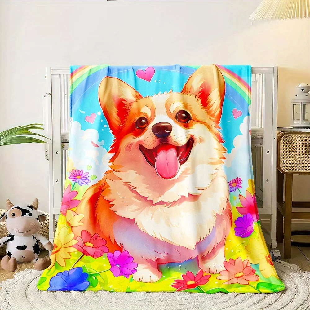 

1pc Happy Corgi Dog Rainbow Flowers Fleece Blanket Cute Pet Print Soft Cozy Throw Bed Cover for Kids and Dog Lovers