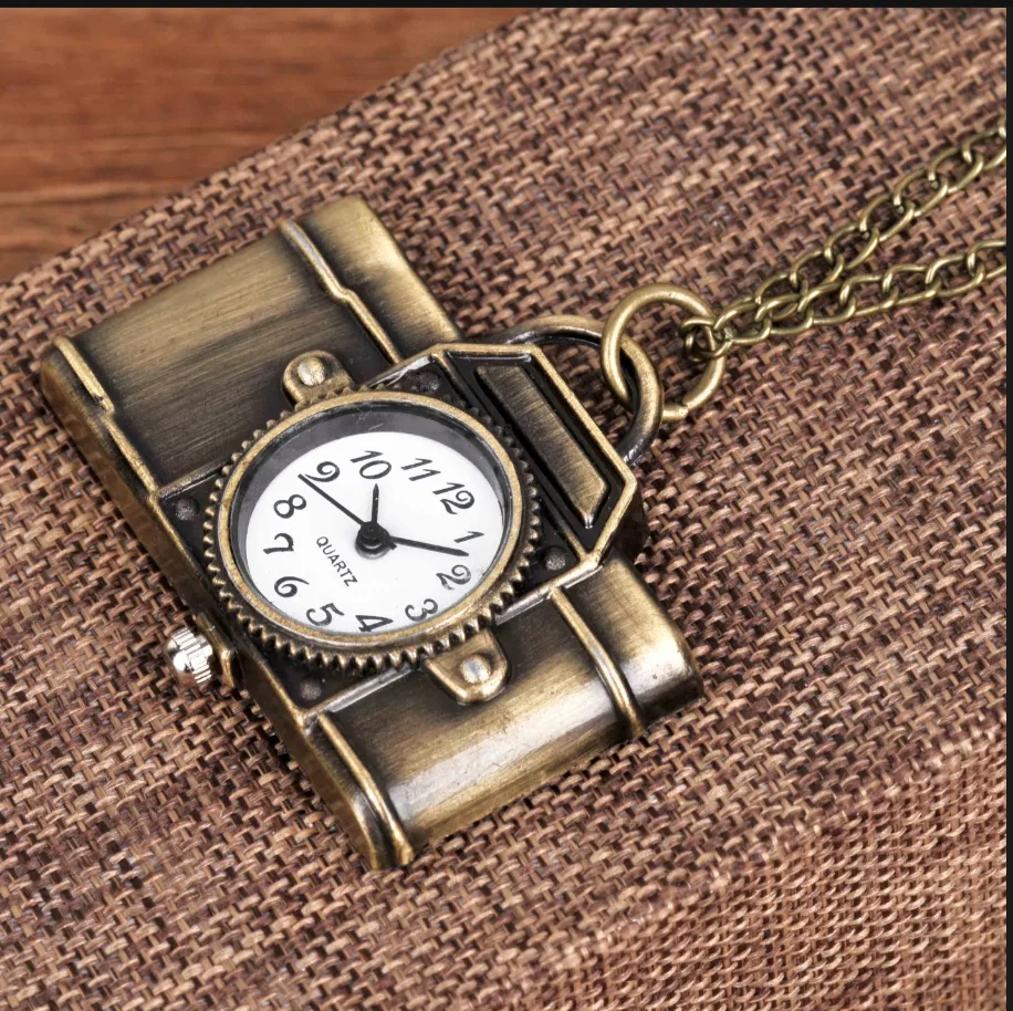 

7018Fashion retro trend cartoon camera pattern quartz pocket watch children's gift with necklace