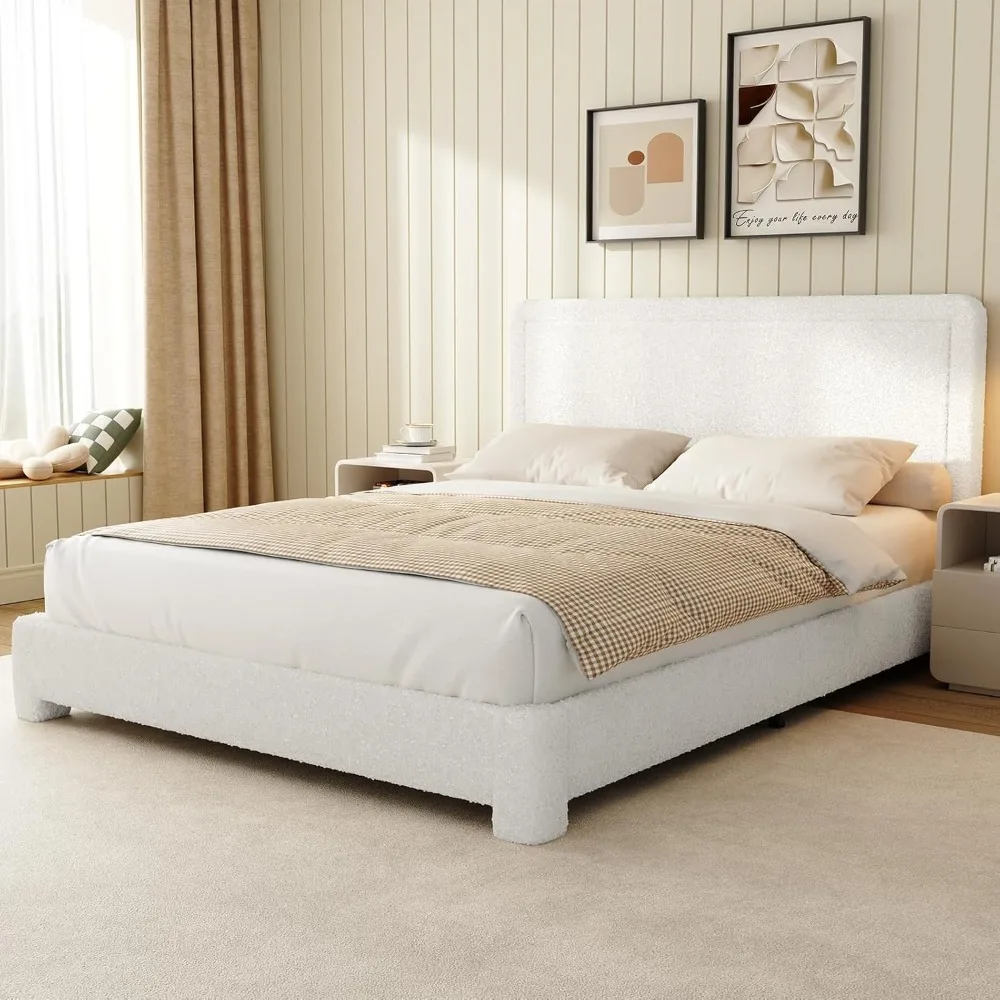 

Queen Size Boucle Bed Frame, Upholstered Teddy Fabric Bed Frame with Headboard, Soft Rounded Corners, No Box Spring Require