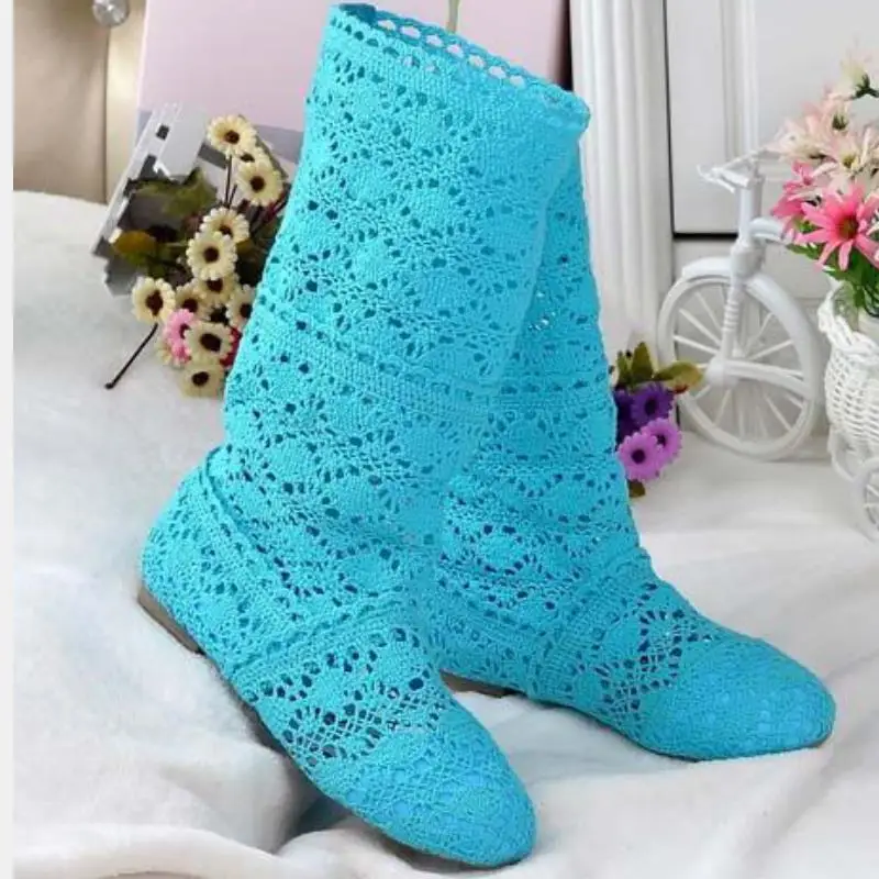 

Hollow High Tube Flat Single Boots Summer Sandals Lace Shoes Womens Boots Breathable Knitted Net Boots Knee-length Women's Shoes