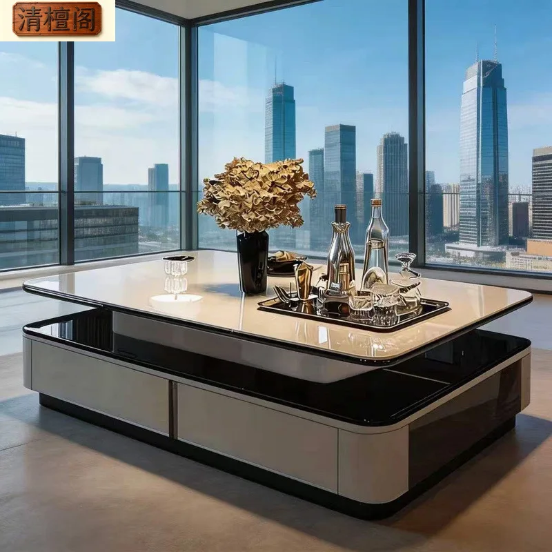 HYS Italian light luxury coffee table living room home new simple small apartment modern high-grade glass rock slab double layer