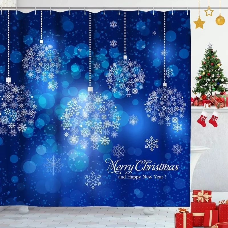 Deep Blue Halo Snowflake Dreamy Christmas Shower Curtain Bathroom Decor No Drilling Hooks Included 12 Pcs