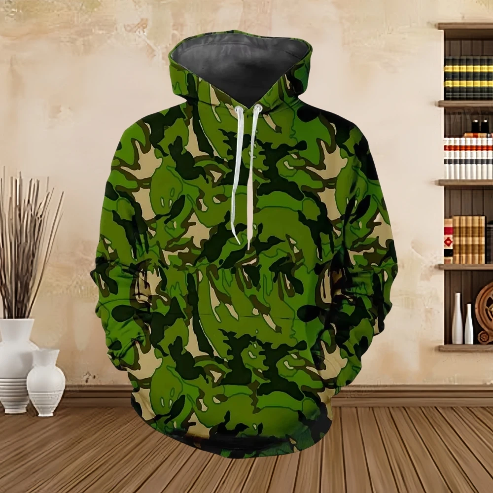 Men\'s Hoodie Militarily Printed Camouflage Patterns Digital Printing Casual Kangaroo Pocket Long Sleeved Hooded Men\'s Clothing