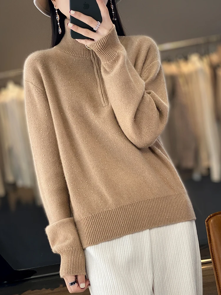 Mulheres outono inverno grosso pulôver turn down collar com zíper design 100% lã merino camisola de malha confortável quente topos