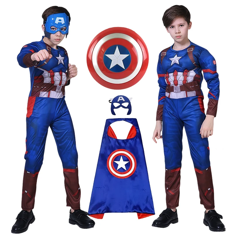 

Superhero Captain America Muscle Costume Jumpsuit Captain America Cosplay Costume Mask Shield Cloak Halloween Party Costumes