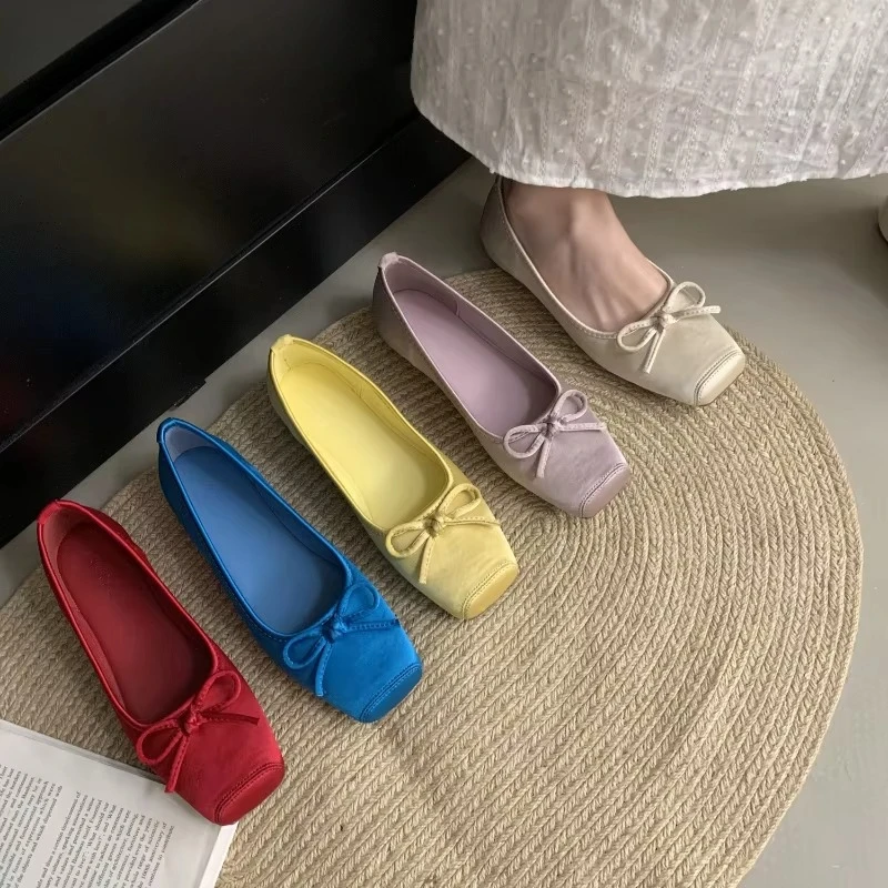 

2026 Spring Square Toe Women Ballet Flats Concise Shallow Slip On Ladies Shoes Soft Sole Butterfly-knot Eelgant Dress Shoes